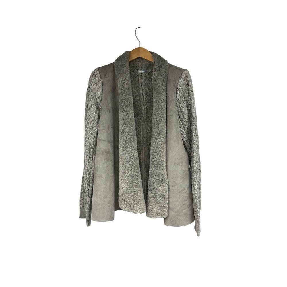Neiman Marcus Gray Grey Faux Fur Knit Sleeve Open Faux Suede Jacket Womens Large